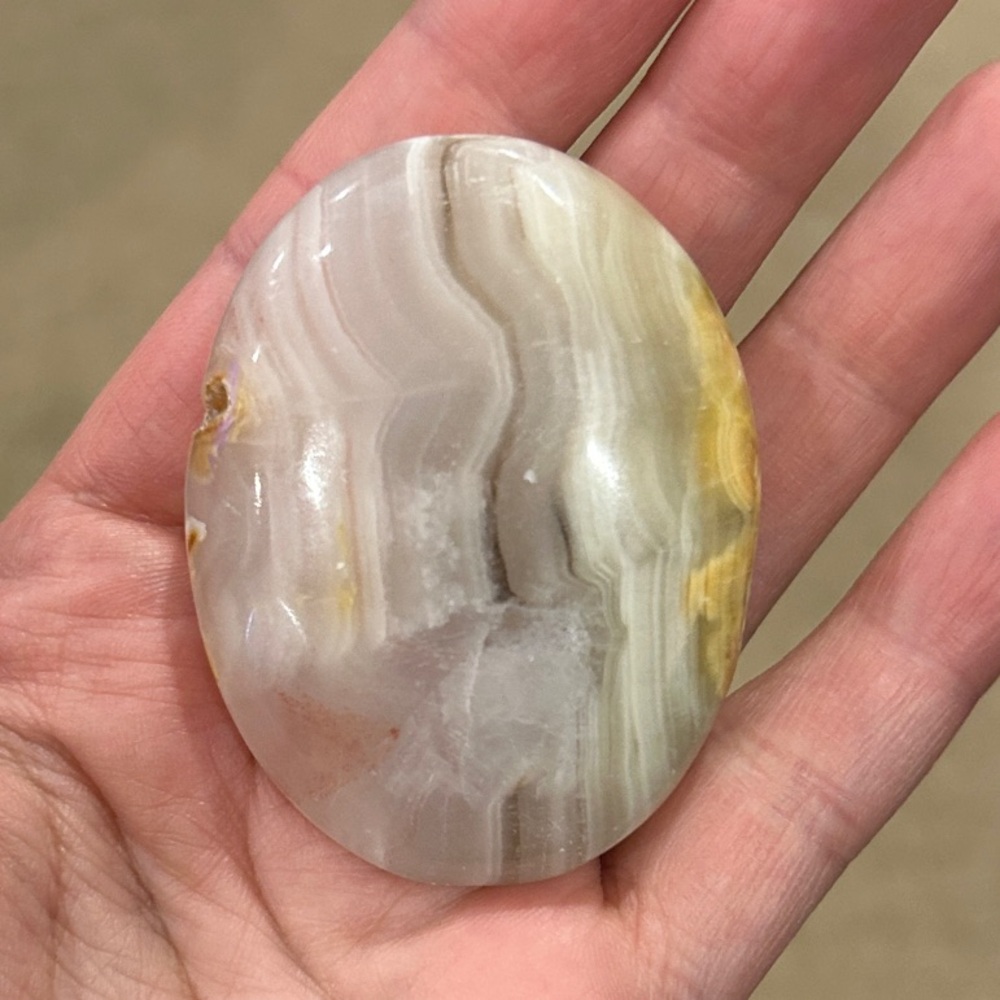 Polished Banded Agate Palm Stone - Pink, Gray & Yellow